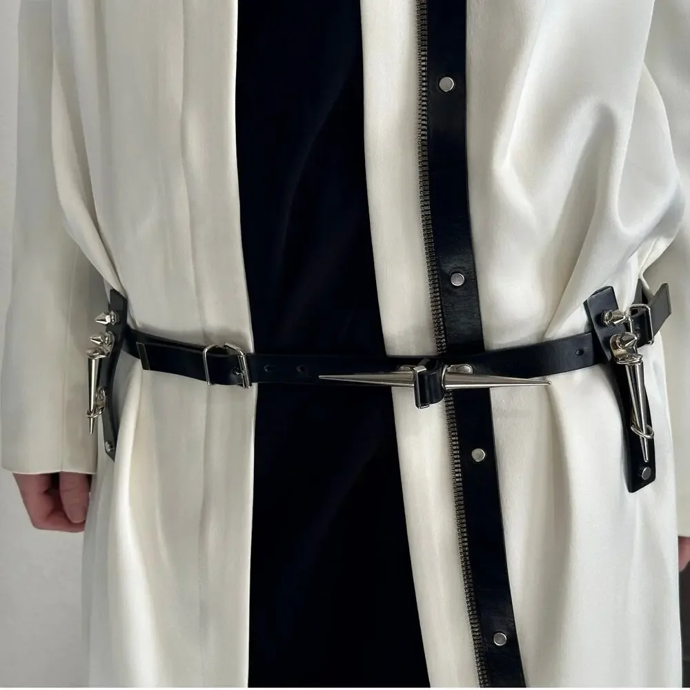 Anthony Vaccarello Hardcore Spike White Midi Coat size FR 36 Black Leather Belt